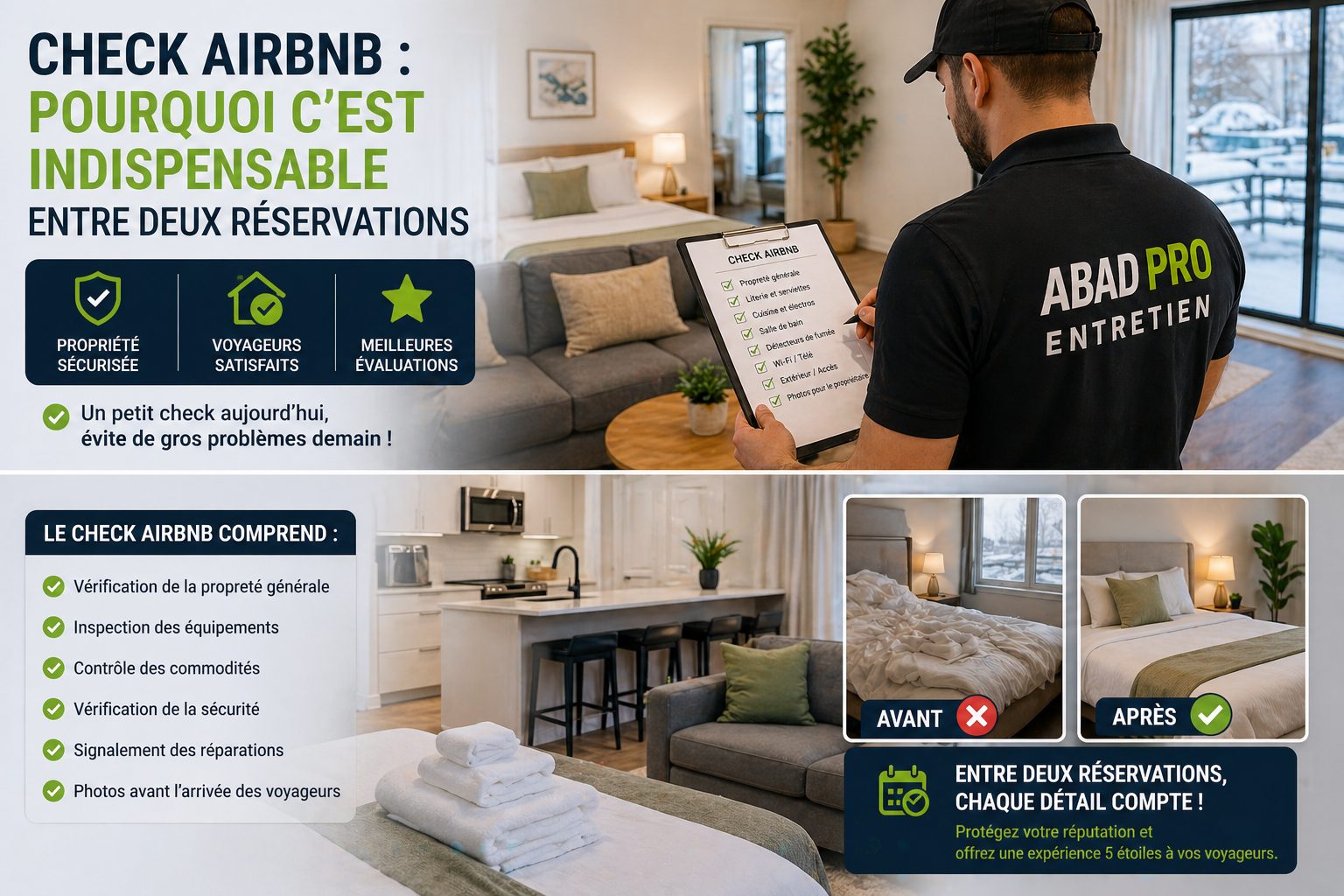 Check Airbnb entre deux réservations avec inspection complète du logement et contrôle qualité avant arrivée des voyageurs