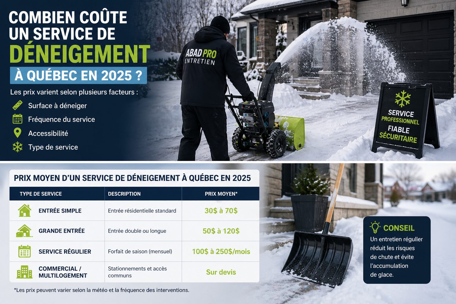 Tarifs moyens du déneigement à Québec en 2025 avec intervention sur entrée résidentielle et tableau des prix