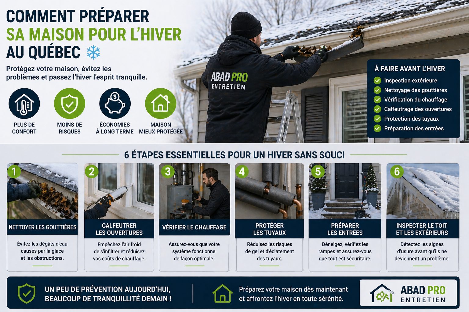 Préparation maison pour l’hiver au Québec avec nettoyage des gouttières, protection des accès et inspection extérieure