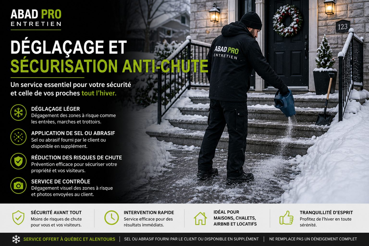 Déglaçage entrée et escalier en hiver avec application de sel pour éviter les chutes à Québec