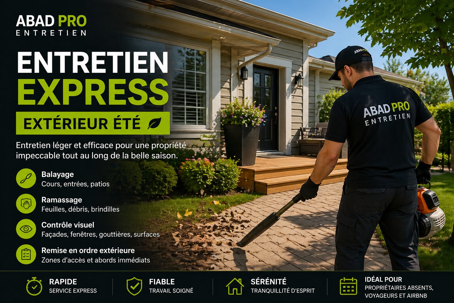 Entretien extérieur maison été Québec balayage nettoyage entrée jardin Abad Pro Entretien