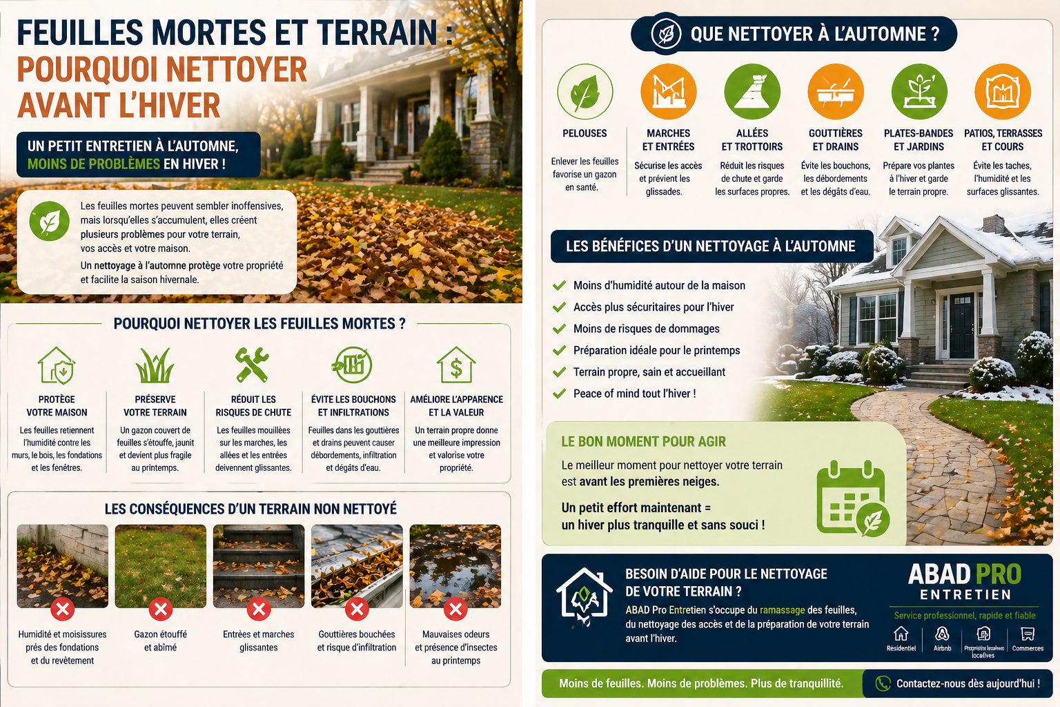 Nettoyage des feuilles mortes avant l’hiver à Québec pour protéger le terrain, les accès et la maison