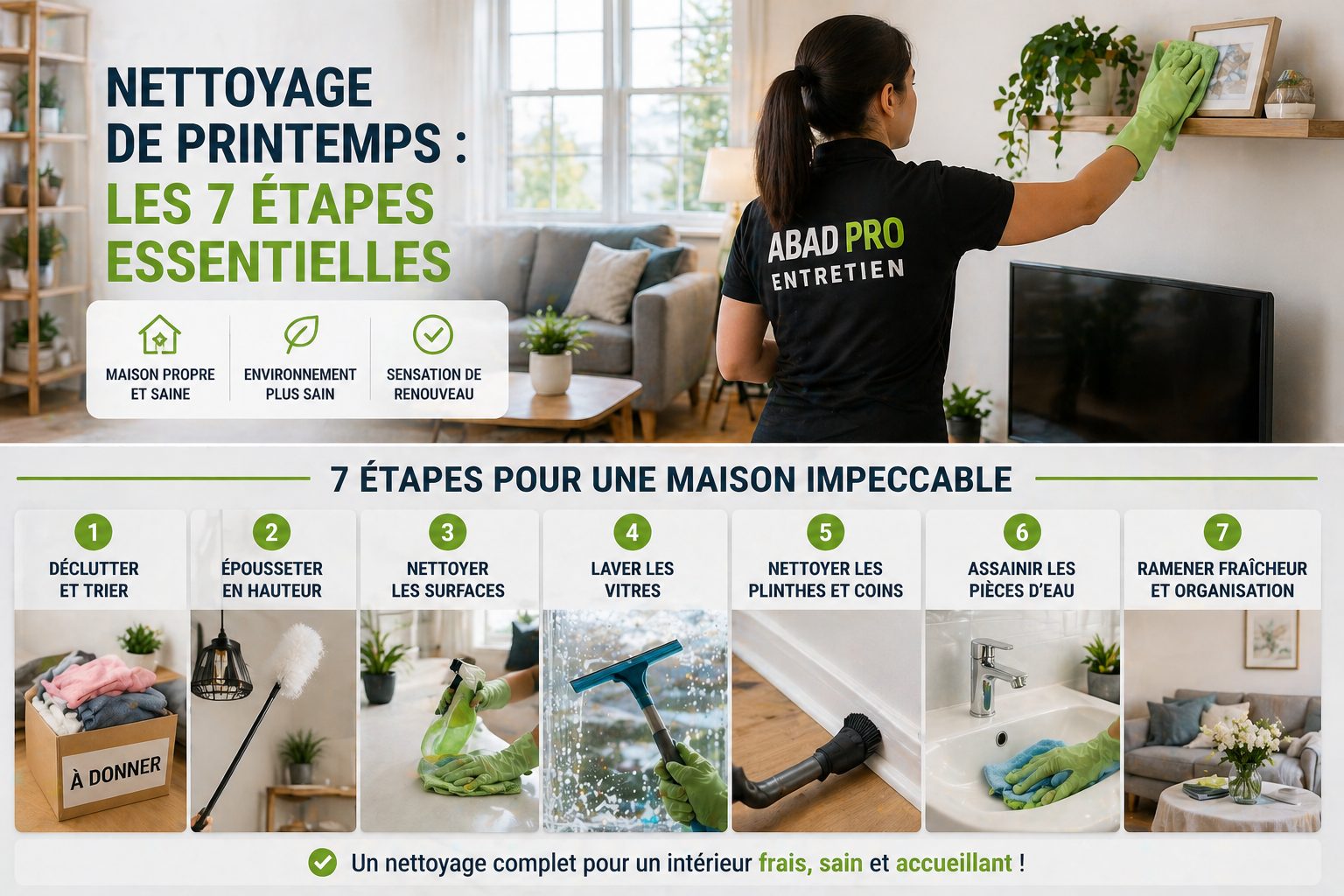 Guide visuel du nettoyage de printemps avec désencombrement poussière vitres surfaces salle de bain et organisation