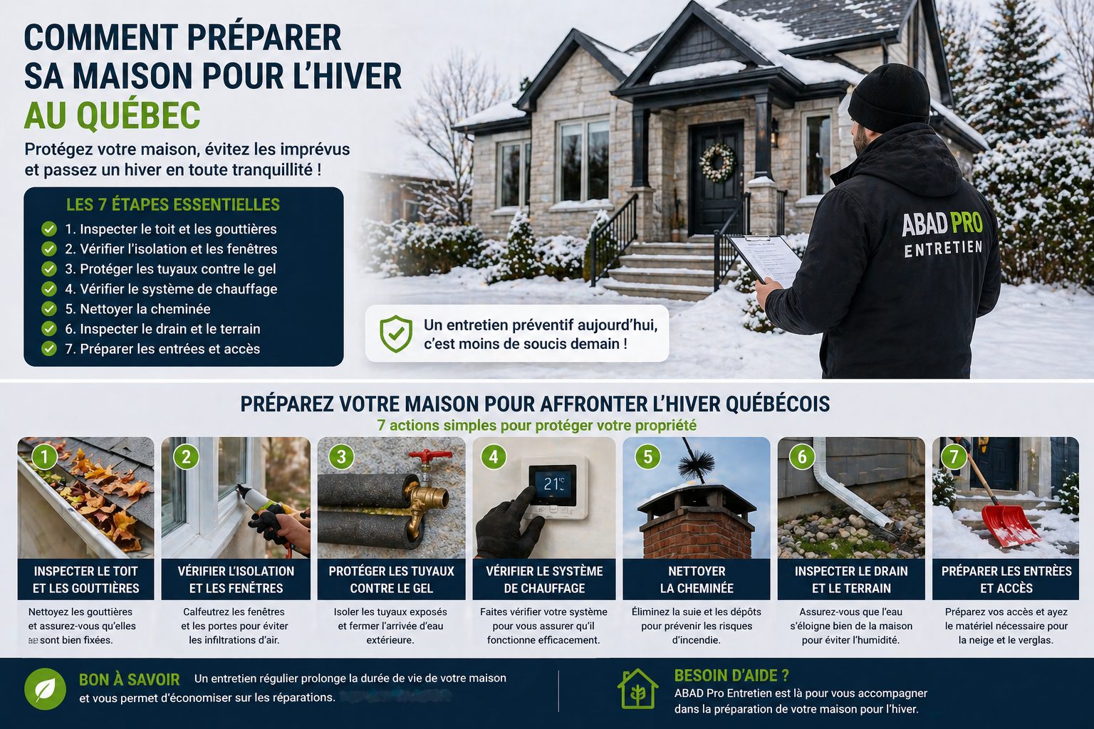 Guide de préparation maison hiver Québec avec inspection du toit, isolation, tuyaux, chauffage, cheminée, drain et accès