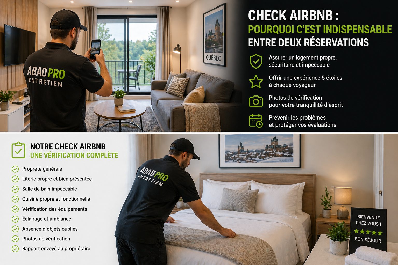 Inspection et préparation Airbnb avec vérification complète du logement, literie propre et contrôle des équipements