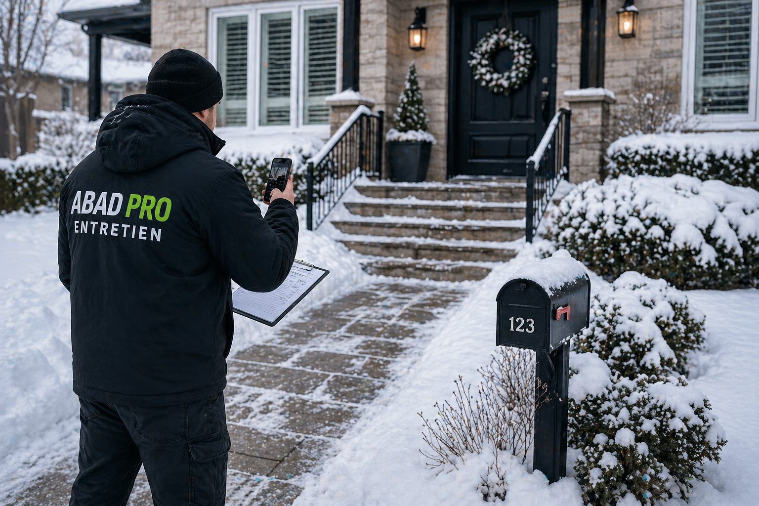 Inspection extérieure maison en hiver avec vérification des accès et détection des risques de gel ou neige