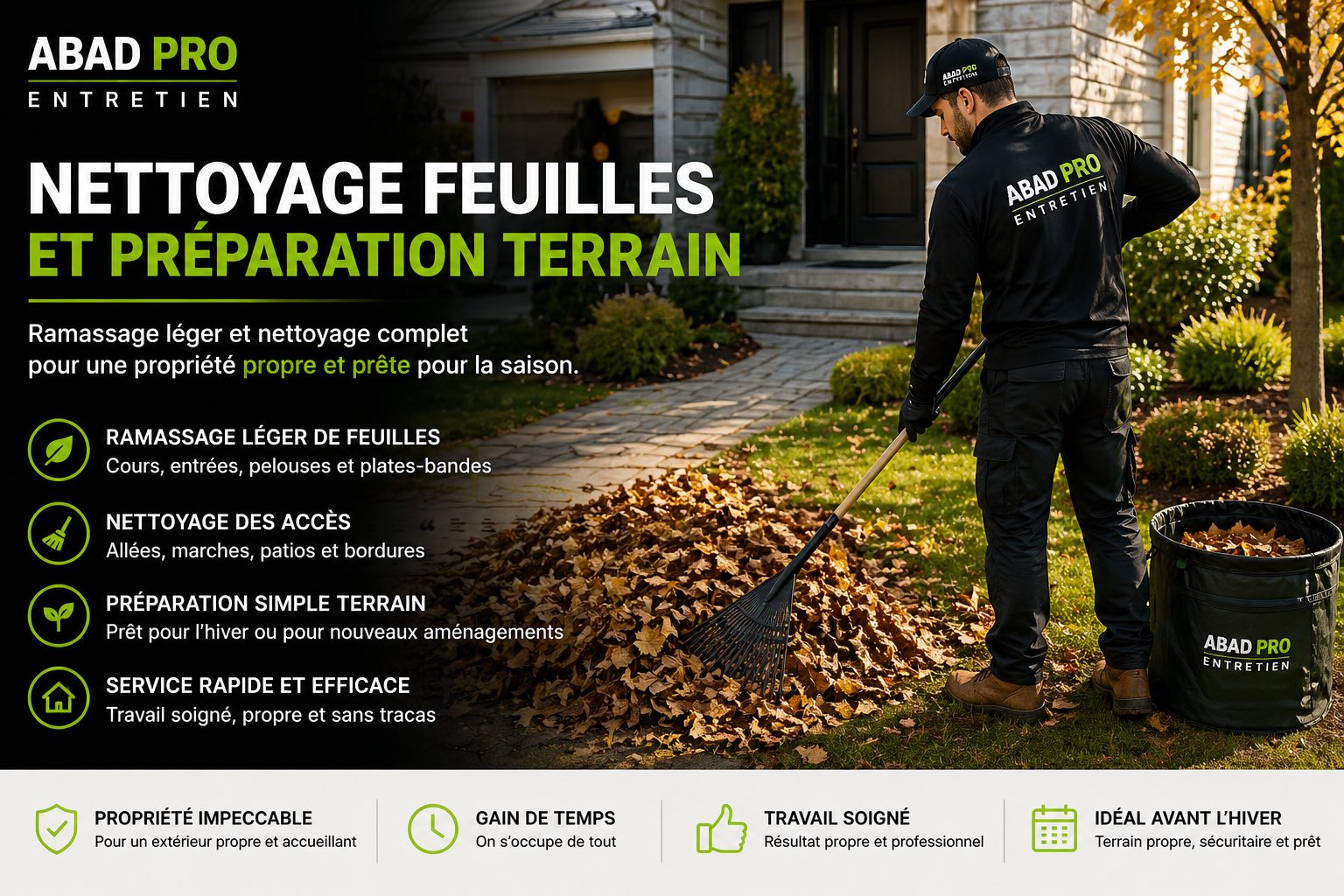 Nettoyage feuilles terrain extérieur Québec ramassage feuilles Abad Pro Entretien