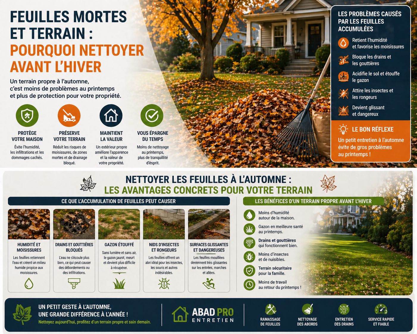 Ramassage de feuilles mortes à Québec avant l’hiver pour éviter humidité, moisissures, drains bouchés et surfaces glissantes
