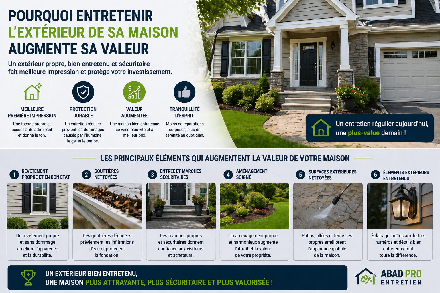 Entretien extérieur de maison à Québec avec façade propre, entrée soignée et aménagement bien entretenu