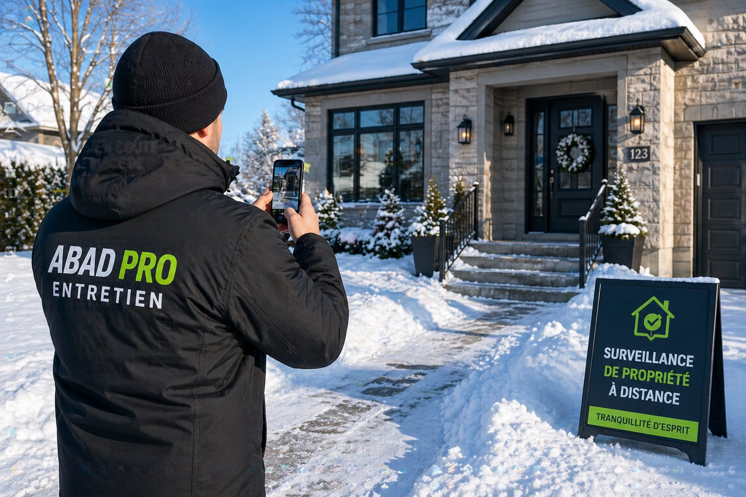 Surveillance de maison à distance en hiver à Québec avec contrôle visuel et photo envoyée au propriétaire