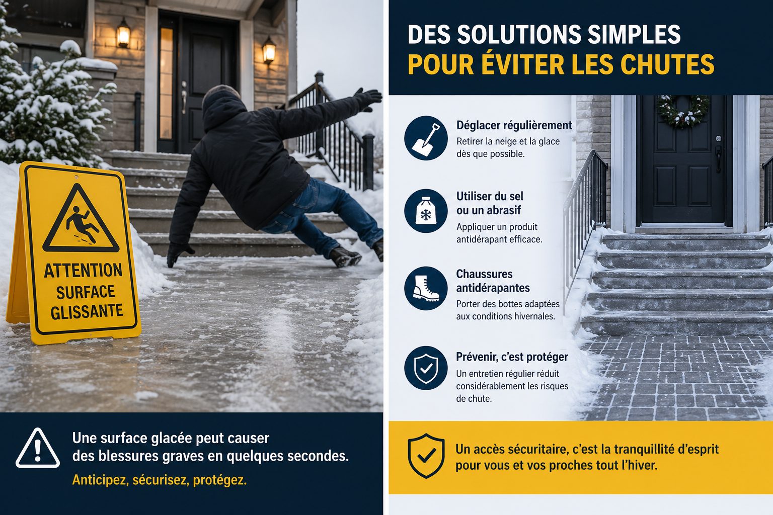 Solutions simples pour éviter les chutes en hiver devant une maison à Québec